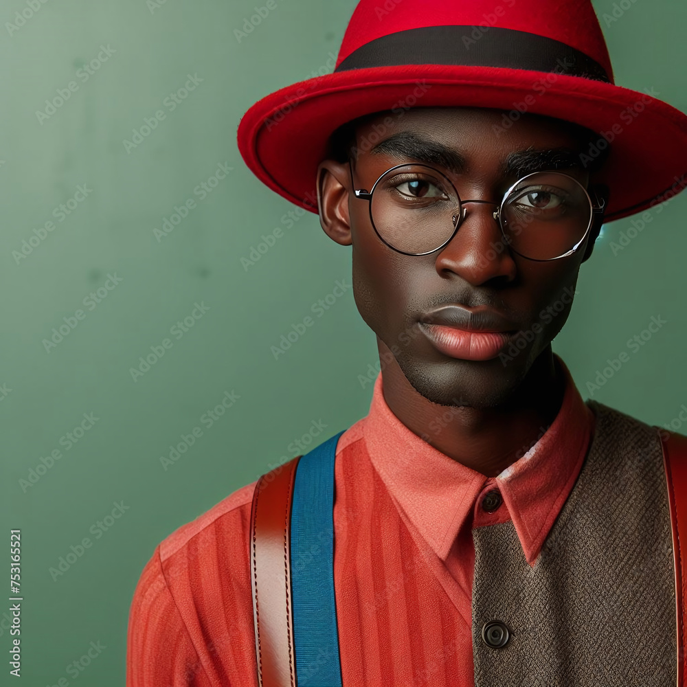 Stylish Man in Modern Classic Attire with Trendy Hat Against Vibrant green Background Stylish Man in Modern Classic Attire with Trendy Hat Against Vibrant green Background