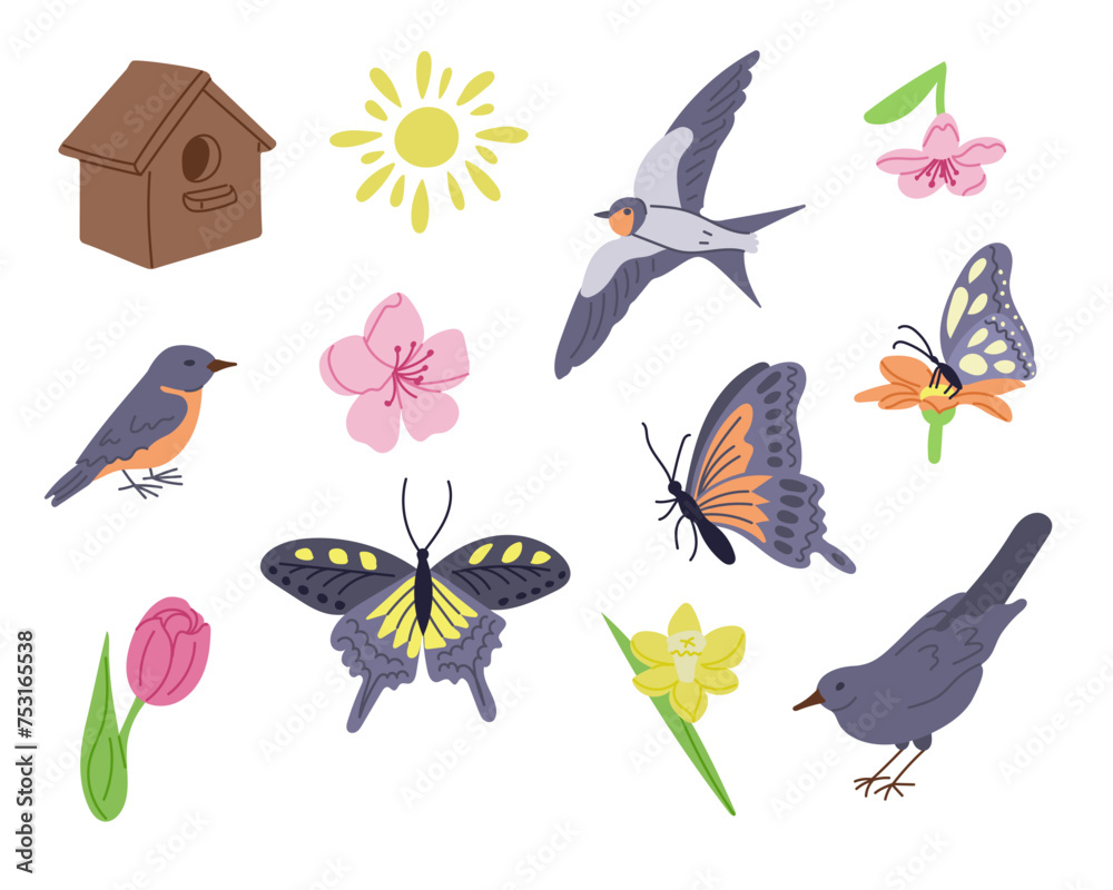 Spring flat collection with birds, butterflies, flowers. For poster, card, scrapbooking , stickers. Sketchy hand drawn elements on white background.