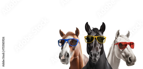 Three cool horses with sunglasses isolated on white with copy space. 