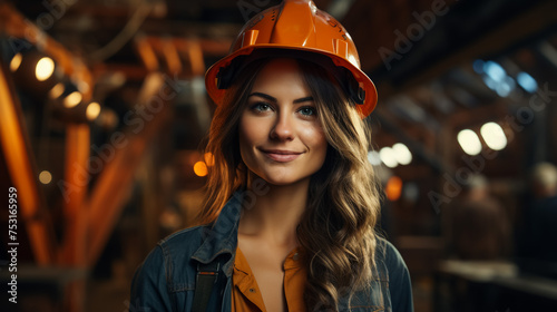 Photo of smiling young architect woman wearing helmet