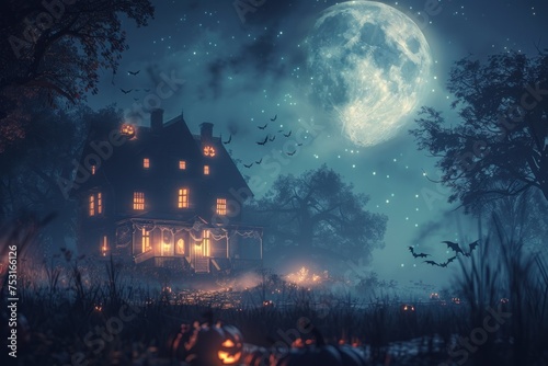 Halloween haunted house with bats  and pumpkins under scary full moon background