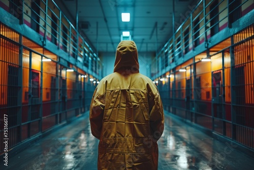 A vibrant juxtaposition with a yellow-hooded individual standing amidst the stark lines of a prison corridor