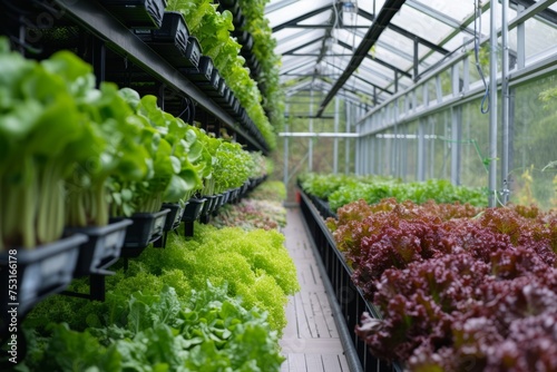 Close up shelves with salad, greens and young microgreens in pots under LED lamps on hydroponic vertical farms. Concept of agriculture business of future  © Sunny