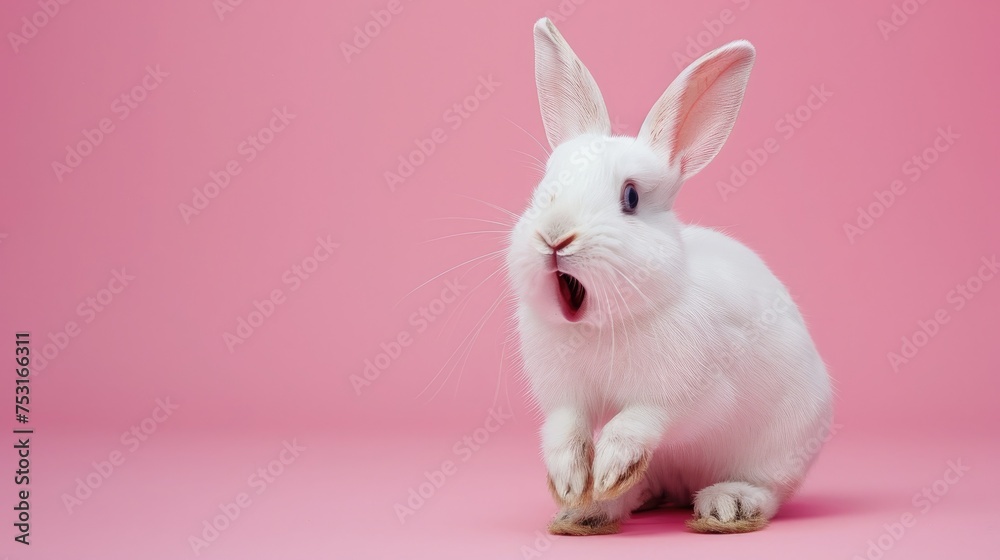 A cute white rabbit with a surprised face and open mouth on a pink background. Easter symbol, space for text