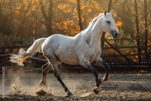 A white horse is seen galloping energetically through a dirt field  kicking up dust with each powerful stride. The horses mane and tail flow behind it as it moves swiftly across the rough terrain