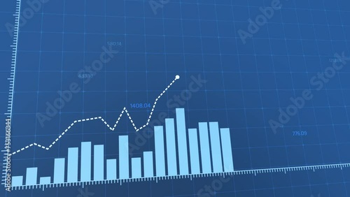 High-definition animation of digital blue bar chart showcasing business growth and market trends. Hi-tech grid, dynamic camera movement emphasize upward trajectory of success and financial progress.