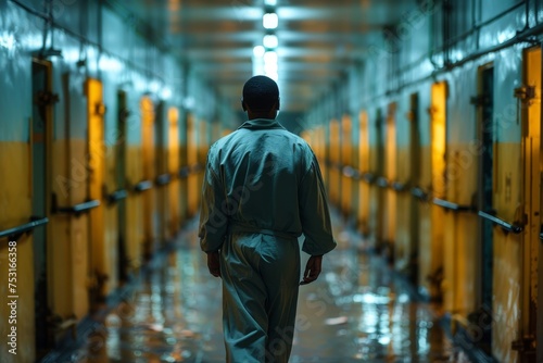 A captive man walks down the middle of a prison corridor, passing by rows of cell doors, emanating an air of contemplation and loneliness