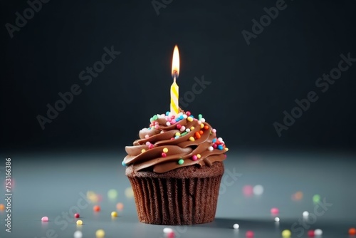 Yummy birthday chocolate cupcake decorated burning candle delicious homemade holiday cake brown muffin sugar icing sweet sprinkles dessert blurred illuminated background. Anniversary wedding greeting