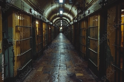 An atmospheric shot of a long, dimly lit corridor with prison cells on both sides, invoking a sense of isolation and confinement