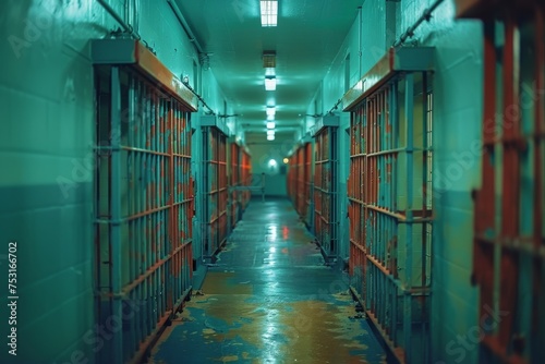 An eerie, empty prison hallway with rows of closed cell doors, suggesting themes of isolation and control