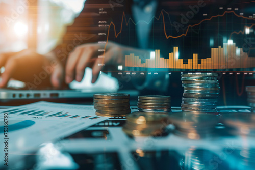 coins in stacks. In the background is a man with a laptop and charts. Counting profits, rates, dividends, interest. Finance, investments, deposits. 