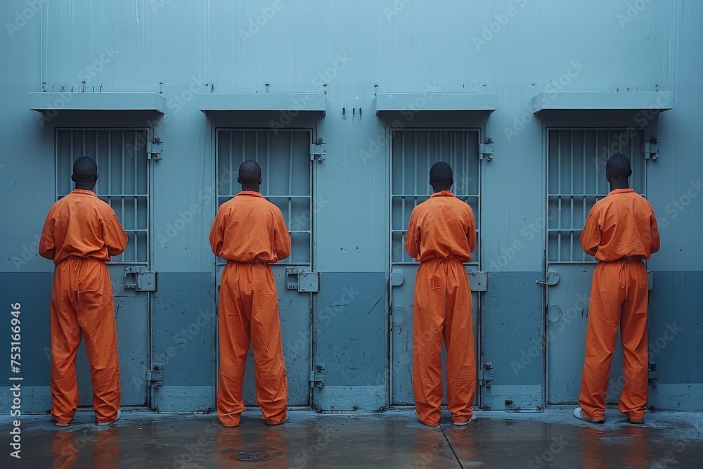 Four inmates in orange jumpsuits facing the wall of their cells in a
