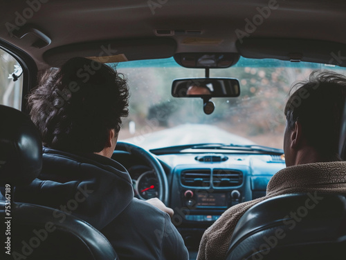 Rear View of Two Men Driving on Road