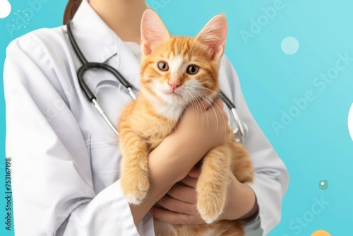 Close-up portrait of cute cat in the hands of a veterinarian. Concept of animal treatment, pet care, banner with copyspace © Sunny