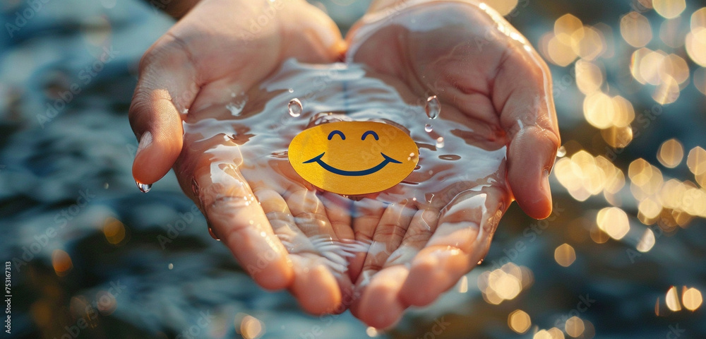 Hands cradling a perfect paper cut smiling face on a sparkling, clear ...