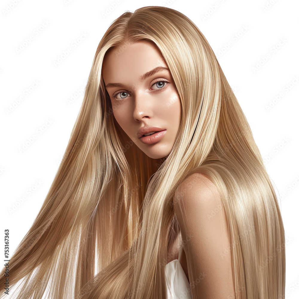 Portrait of model girl with long straight shiny blonde smooth healthy hair, skin natural beauty smooth skin for care and hair products, full view, 32k uhd, isolated on white Portrait of model girl with long straight shiny blonde smooth healthy hair, skin natural beauty smooth skin for care and hair products, full view, 32k uhd, isolated on white