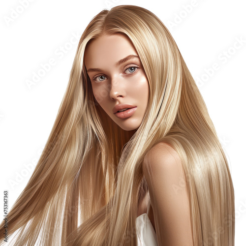 Portrait of model girl with long straight shiny blonde smooth healthy hair, skin natural beauty smooth skin for care and hair products, full view, 32k uhd, isolated on white