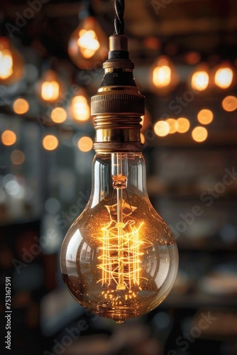 A light bulb suspended from the ceiling in a space brimming with other light fixtures creating a bright and illuminated environment