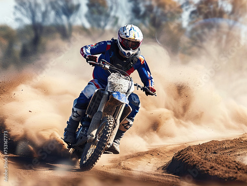 Motorcycle action and speed with person riding on dirt track, Extreme sports outdoor.