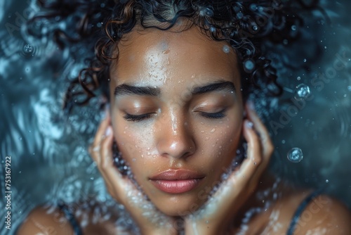 Striking close-up of a peaceful young woman surrounded by water droplets, eyes closed in serenity