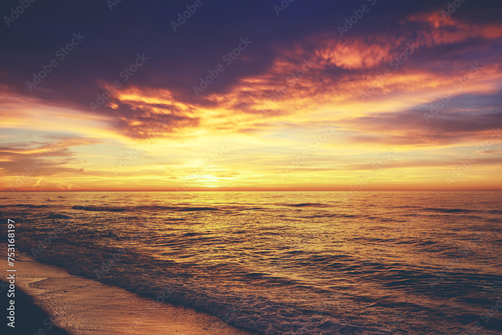 Seascape in the evening. Sunset over the sea. Dramatic sky. Natural landscape