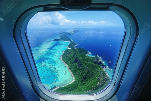 Through the window of the airplane, a breathtaking view of a lush tropical island can be seen below. Clusters of palm trees, sandy beaches, and turquoise waters stretch out as the plane flies above © lublubachka