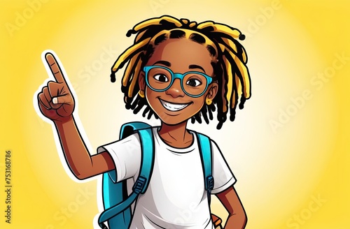 Little schoolgirl points with her forefinger to the side on yellow background. Back to school concept. School backgrounds for your creative projects. School education.