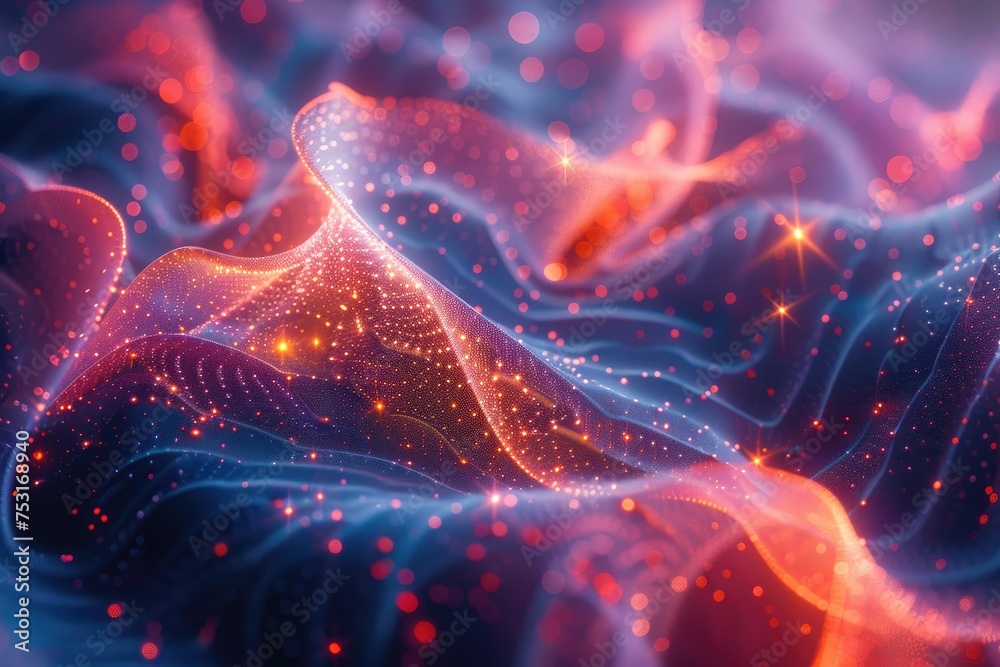 An abstract visualization of a neural network or data flow, with glowing nodes and connections forming waves.