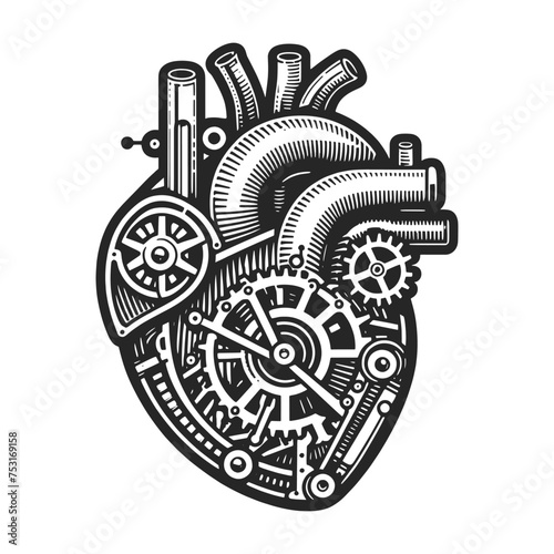 heart with intricate steampunk gears and mechanical components. Sketch engraving generative ai vector illustration. Scratch board imitation. Black and white image.