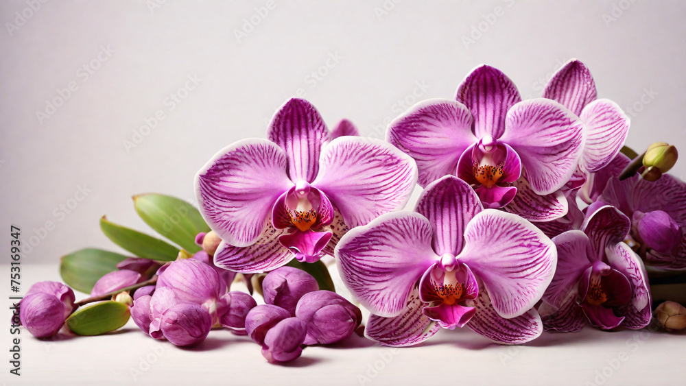Obraz premium purple orchid flowers on white wooden table, closeup