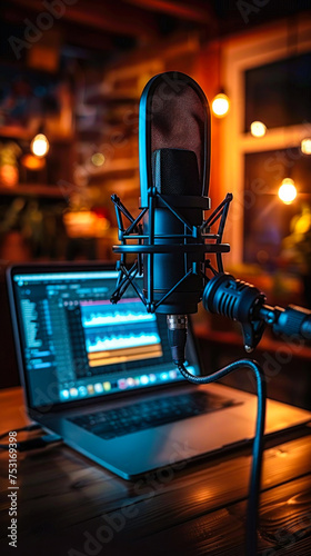 Professional podcast recording setup with a high-quality microphone and pop filter in front of a laptop displaying audio editing software in a dimly lit studio