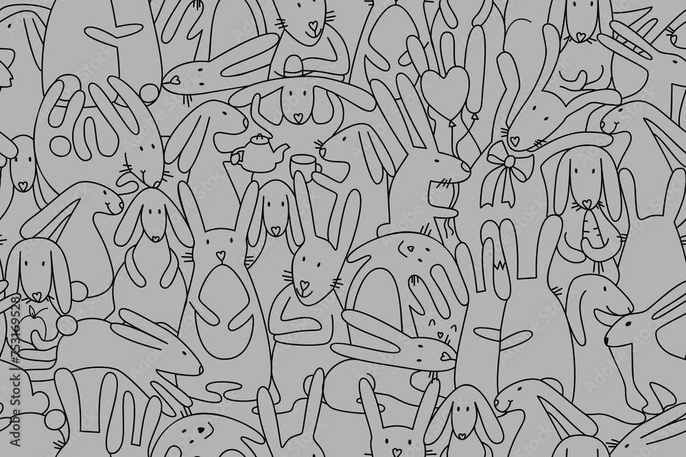 Fototapeta premium Seamless pattern with cute bunny and rabbit. Easter hare. Hand drawn sketch vector illustration. 