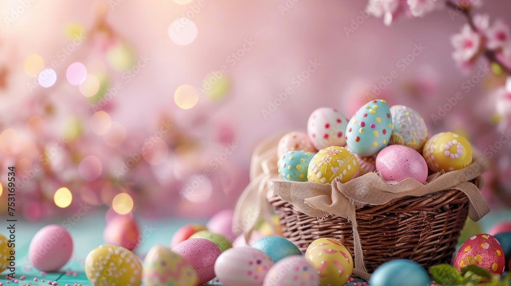 A poster for easter with Easter chocolate eggs basket on one side A poster for easter with Easter chocolate eggs basket on one side
