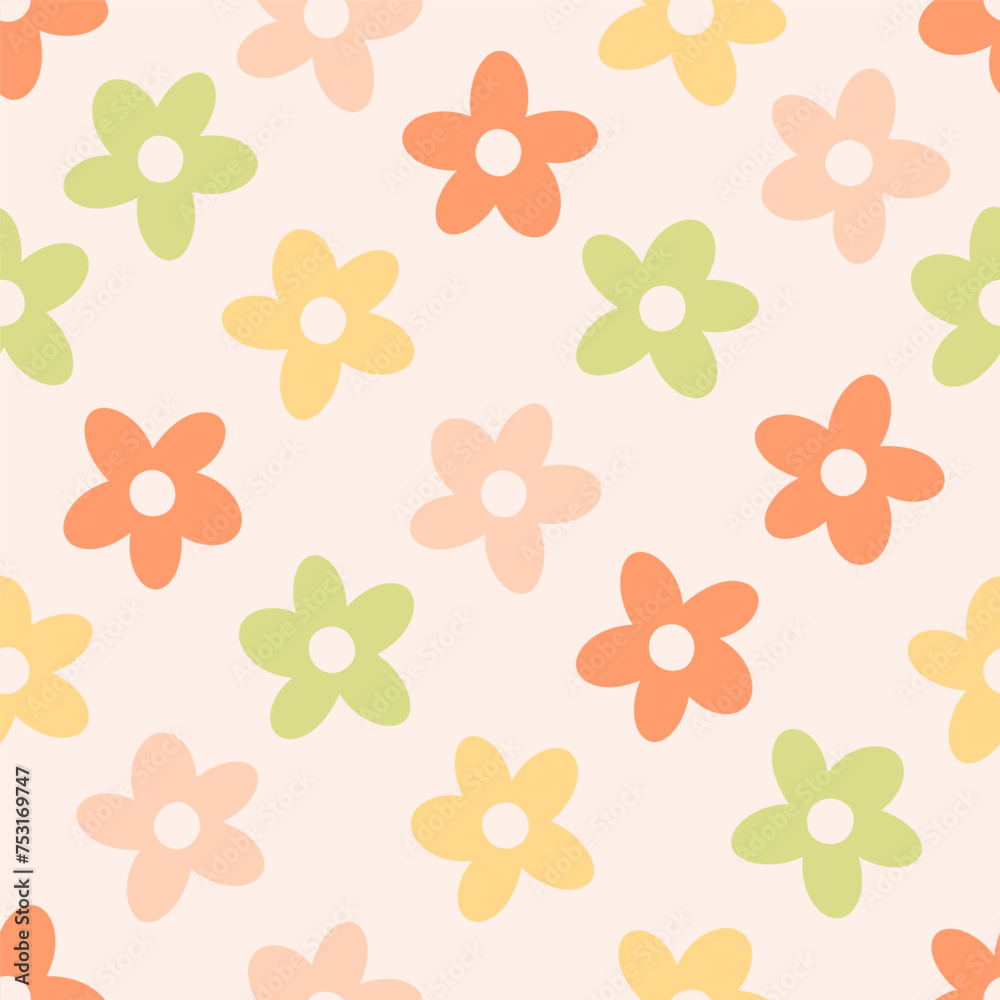 Seamless pattern with abstract retro aesthetic daisy flowers. Vintage floral art prints. Hippie 60s, 70s, 80s style. Vector illustration in flat style Seamless pattern with abstract retro aesthetic daisy flowers. Vintage floral art prints. Hippie 60s, 70s, 80s style. Vector illustration in flat style