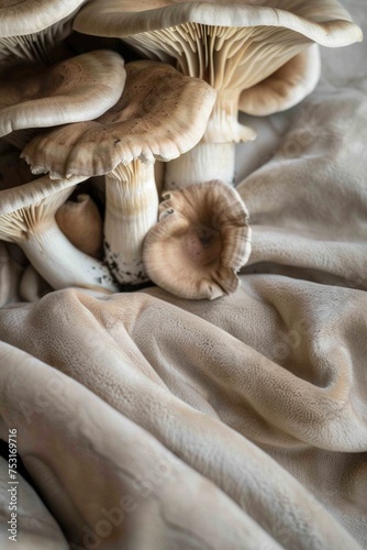 Fresh organic oyster mushrooms on a textured brown leather background.