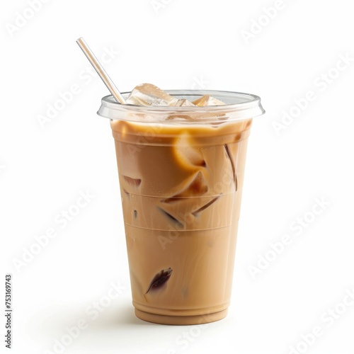 Iced coffee isolated on a white background, a delicious iced latte coffee drink in a glass cup with ice cubes,