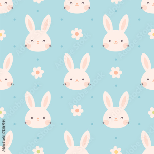 Seamless pattern with cute white bunny and flowers. Happy Easter  Hello Spring. Vector illustration in flat style