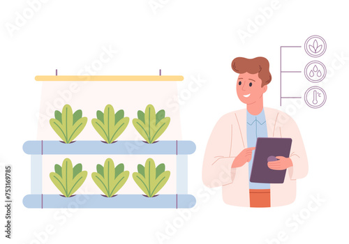 Hydroponics technology for plants growing. Vertical farming. Scientist or biologist grows plants in hydroponic farm. Smart farm. Vector illustration in flat style