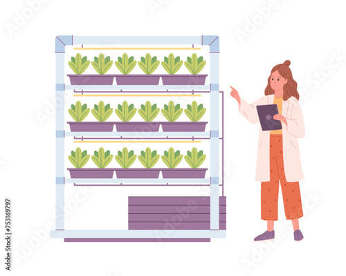 Hydroponics technology for plants growing. Vertical farming. Scientist or biologist grows plants in hydroponic farm. Smart farm. Vector illustration in flat style