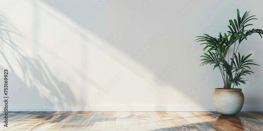 Background with place for text and  a potted houseplant on a parquet floor near the white wall. AI generative