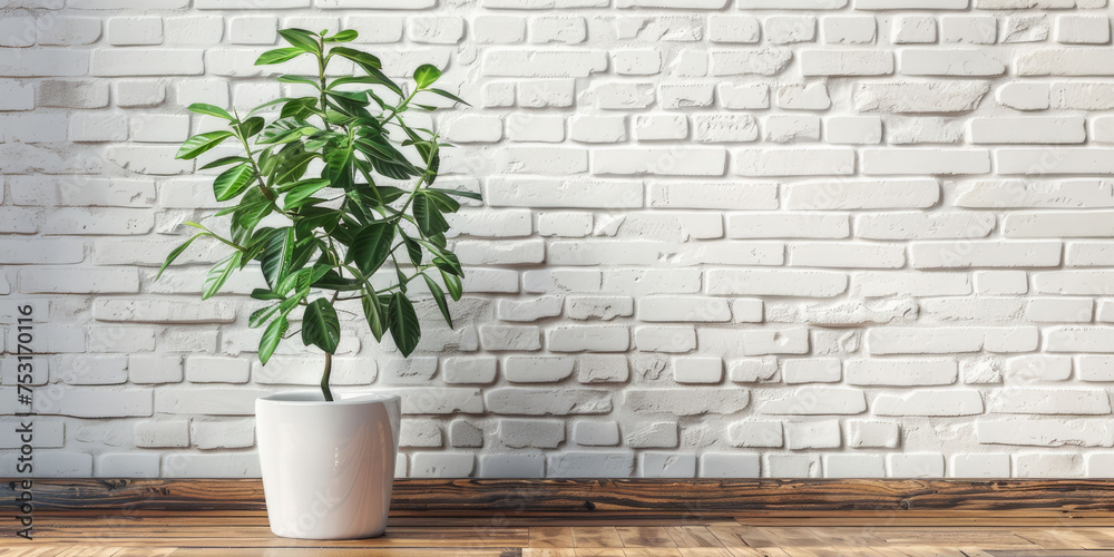 Background with place for text and a potted houseplant on a parquet floor near the white brick wall. AI generative Background with place for text and a potted houseplant on a parquet floor near the white brick wall. AI generative