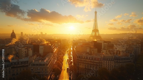 A realistic photo of skyline of Paris with Eiffel tower