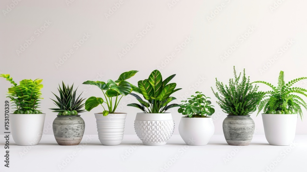 different kind of exotic plants in white pots with clear white background. All in a single row.