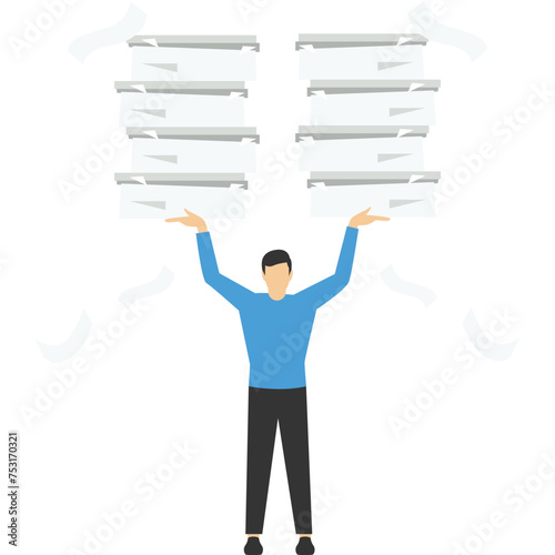 effective or productive concept, Handle busy work, organize paperwork or paperwork, manage workload or complete multiple tasks within deadline, businessman superhero carrying multiple documents.