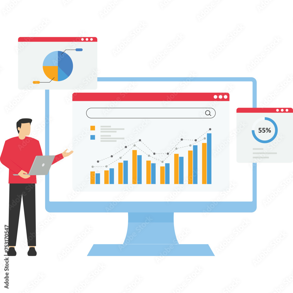 web report dashboard concept, business people team meeting for data analytics and monitoring, data analytics research for business financial planning. flat vector design illustration. web report dashboard concept, business people team meeting for data analytics and monitoring, data analytics research for business financial planning. flat vector design illustration.
