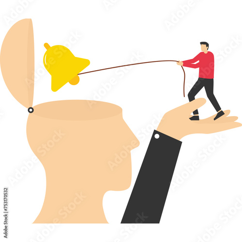 The concept of self-awareness, self-acceptance or personality concept, a psychological state in behavior or a feeling of individuality, a man rings a bell in a big head, awareness of his existence.