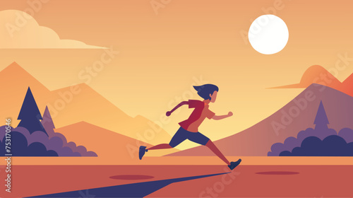 Woman Running at Sunset Against Mountain Backdrop
