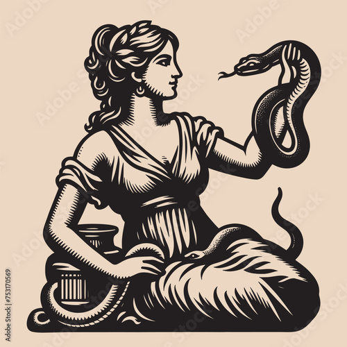Beautiful antique Greek woman holding a snake.  Old vintage engraving illustration. Hand drawn outline graphic. Logo, emblem, icon. Isolated object, cut out. black and white	