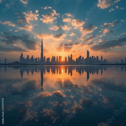 Photo of skyline of Dubai with sunset. UAE Dubai skyscrappers photo