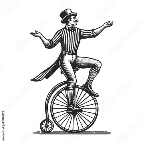 Circus performer acrobat rides Penny-Farthing Bicycle sketch engraving generative ai fictional character vector illustration. Scratch board imitation. Black and white image.